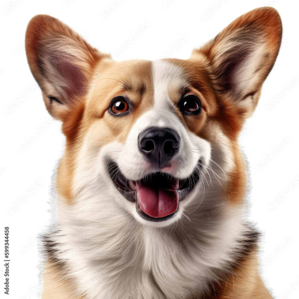 Portrait dog welsh corgi smiling with tongue on a transparent background.