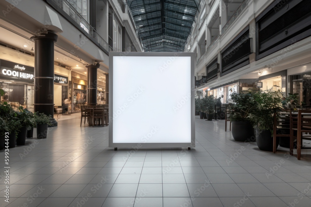 Blank Signboard Mockup Positioned in a Lively Shopping Center Blank Signboard Mockup Positioned in a Lively Shopping Center