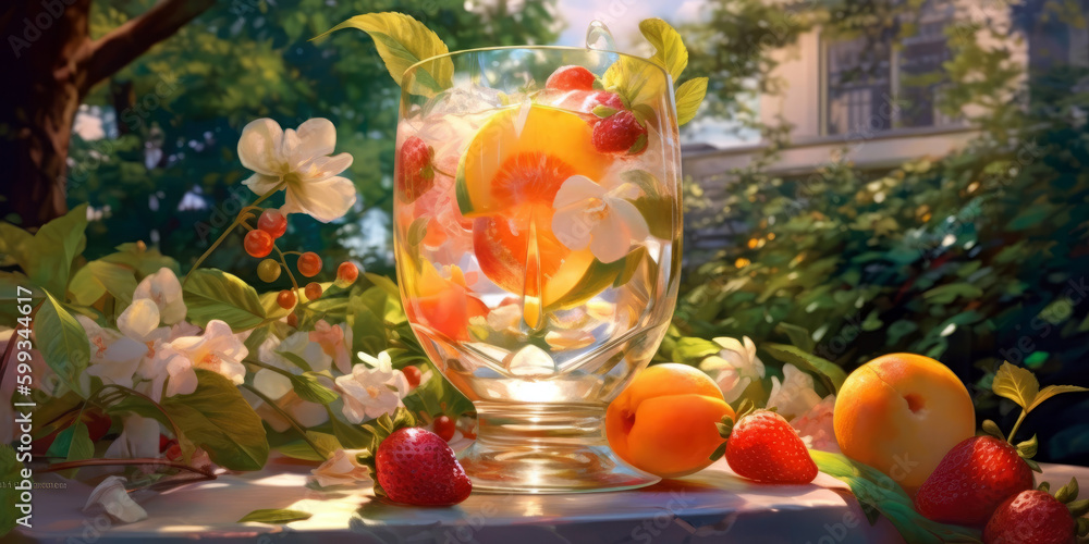 chilled glass of refreshing white sangria, filled with colorful fruit slices, favorite summer meals and drinks, Generative AI