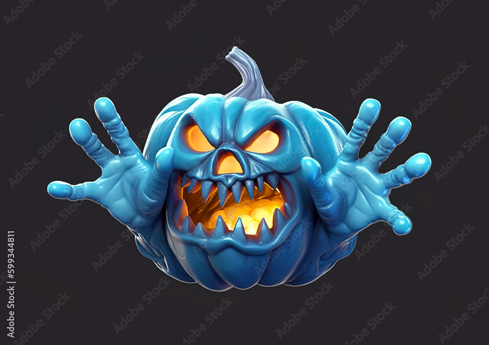 Between blue zombie hands is a carved pumpkin with a creepy face that ...