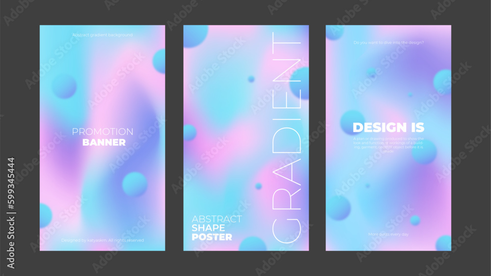 3 promotional poster templates in abstract style with gradient background and circles.