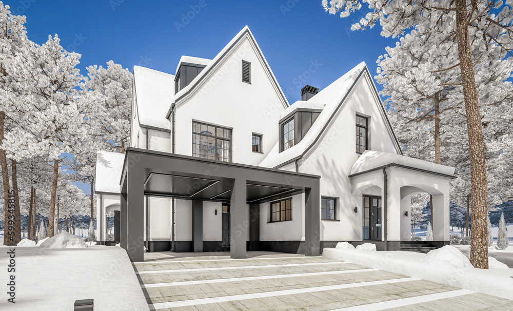 3d rendering of cute cozy white and black modern Tudor style house with parking  and pool for sale or rent with beautiful landscaping. Fairy roofs. Cool winter day with shiny white snow.