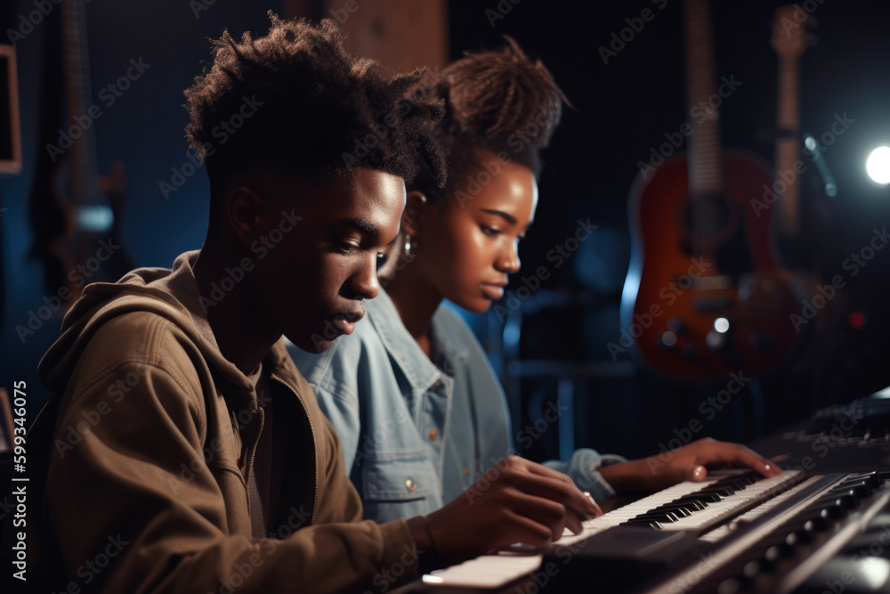 Obraz premium Afro-American couple composing music on piano in studio. generative ai