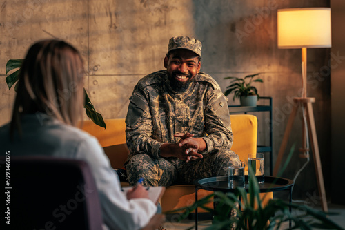 Cheerful American soldier in therapy.