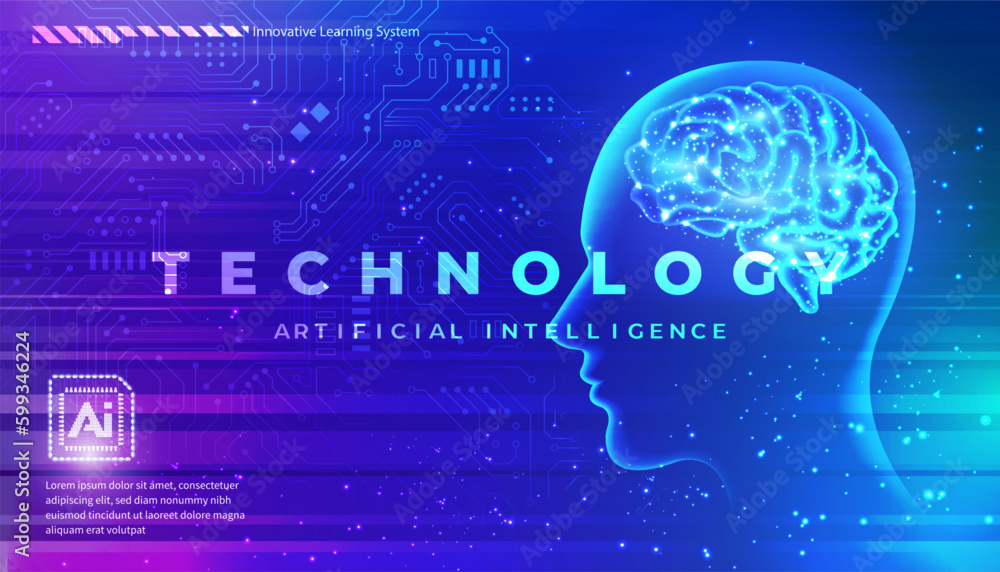 AI technology concept artificial abstract human side face and glowing brain with chip circuit board elegant purple pink blue tone background AI technology concept artificial abstract human side face and glowing brain with chip circuit board elegant purple pink blue tone background