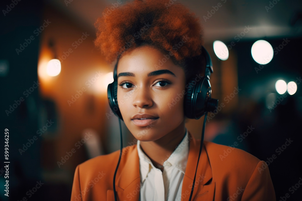 Portrait Afro-American woman with headphones and suit. generative ai Portrait Afro-American woman with headphones and suit. generative ai