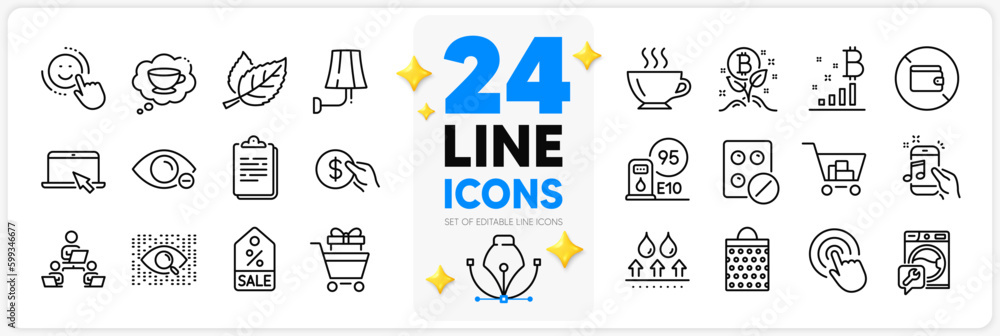 Icons set of Internet shopping, Portable computer and Waterproof line icons pack for app with Bitcoin graph, Teamwork, Music phone thin outline icon. Bitcoin project, Wallet. Vector Icons set of Internet shopping, Portable computer and Waterproof line icons pack for app with Bitcoin graph, Teamwork, Music phone thin outline icon. Bitcoin project, Wallet. Vector