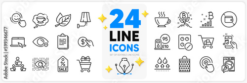 Icons set of Internet shopping, Portable computer and Waterproof line icons pack for app with Bitcoin graph, Teamwork, Music phone thin outline icon. Bitcoin project, Wallet. Vector