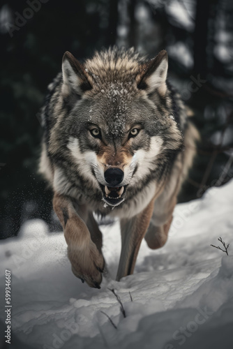 Gray wolf in a snowy forest. Wild animal aggressively running towards the camera generate ai © Roman