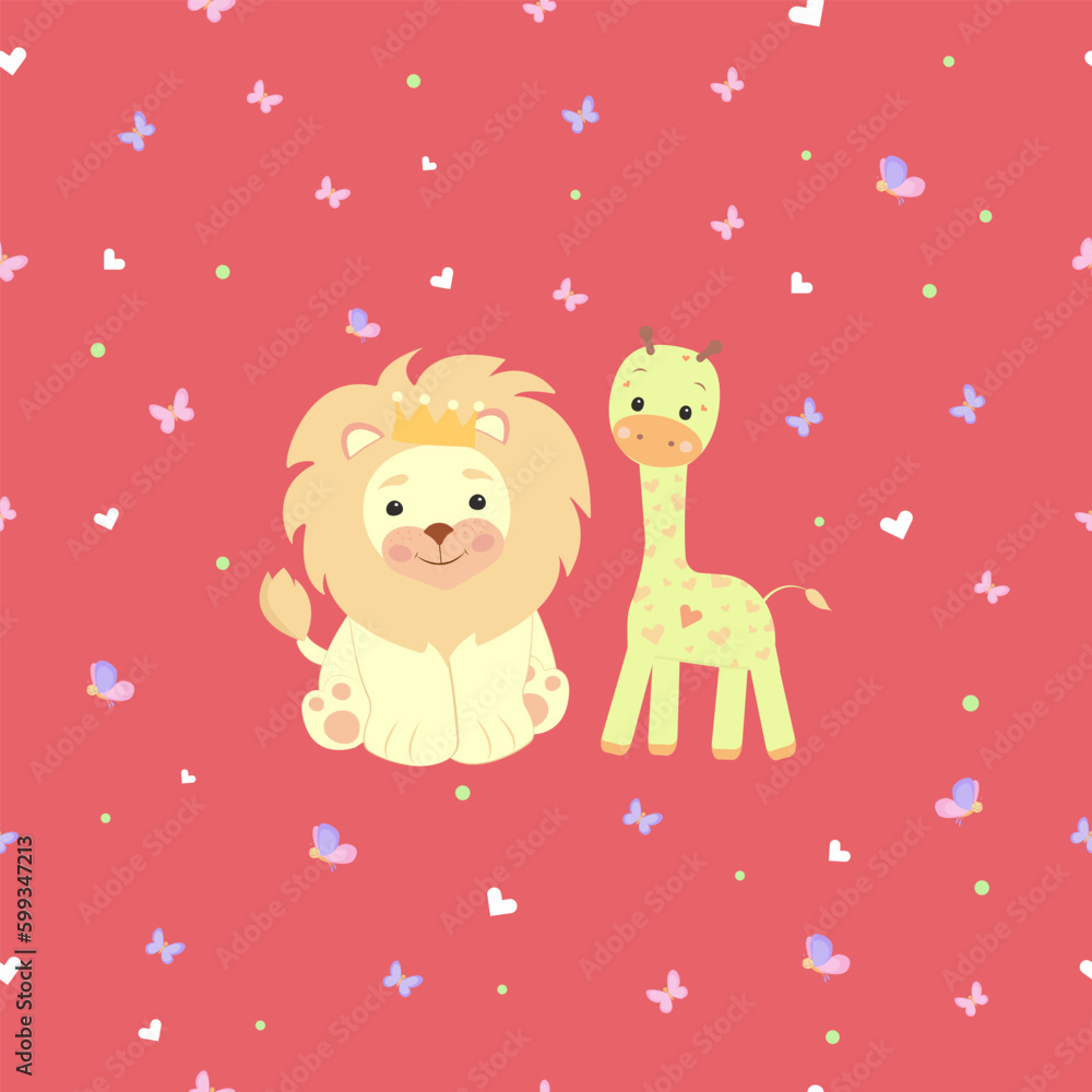 Seamless pattern with a giraffe and lion with hearts and butterflies, blue, pink, for babe
Seamless pattern with a giraffe and lion with hearts and butterflies, blue, pink, for babe