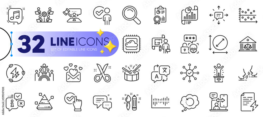 Outline set of Recovery data, Inclusion and Column diagram line icons for web with Court building, Power certificate, Scissors thin icon. Winner podium, Info, Circle area pictogram icon. Vector