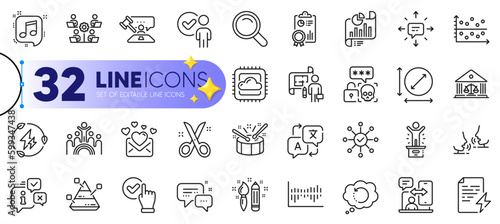 Outline set of Recovery data, Inclusion and Column diagram line icons for web with Court building, Power certificate, Scissors thin icon. Winner podium, Info, Circle area pictogram icon. Vector