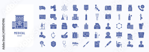 A collection sheet of solid icons for Medical and Hospital, including icons like Ambulance, Atom, Blood, Bone and more