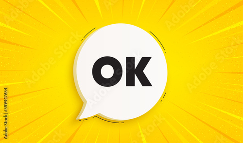 OK text tag. Speech bubble sunburst banner. Approved okay message. Done or Good deal symbol. OK chat speech message. Yellow sun burst background. Vector