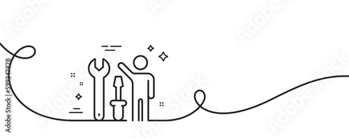 Spanner tool line icon. Continuous one line with curl. Repairman service sign. Fix instruments symbol. Repairman single outline ribbon. Loop curve pattern. Vector