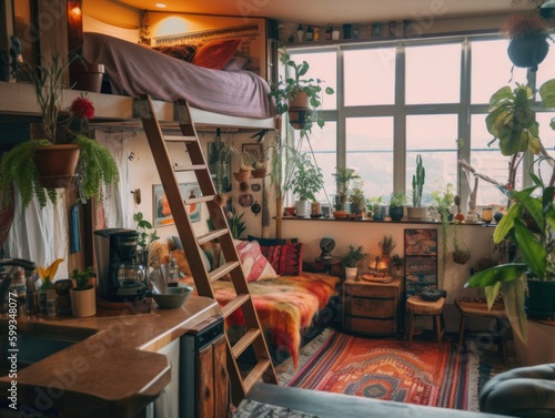 A room with a bunk bed and lots of plants. AI generative image. Generative AI photo