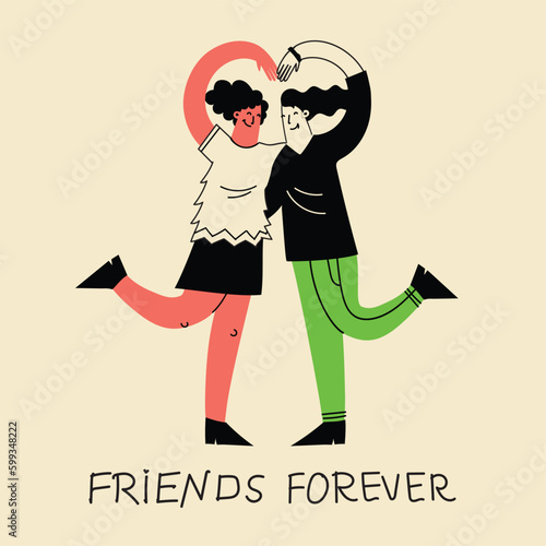 Best friends cocept illustration. Vector illustration of multicultural girls and multicultural friendship. Happy friendship day. Teenage girl friends hugging and having fun.
