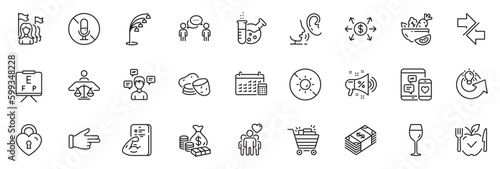 Icons pack as Fitness, Money and Love lock line icons for app include Usd currency, Share idea, Floor lamp outline thin icon web set. No microphone, Click hand, Social media pictogram. Vector