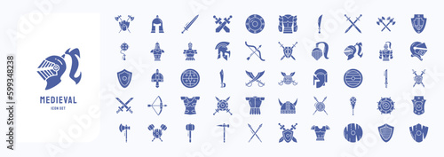 A collection sheet of solid icons for Medieval and kingdoms, including icons like Armor, Roman Helm, War and more