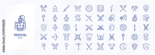 A collection sheet of outline icons for Medieval and kingdoms, including icons like Armor, Roman Helm, War and more