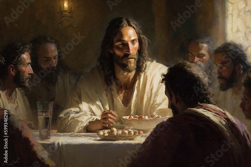 A biblical religious concept from the life of Jesus Christ, God. Last Supper, 12 Apostles, faith, Bible. Secret Supper. Jesus christ holding prayer to god father. Generative AI photo