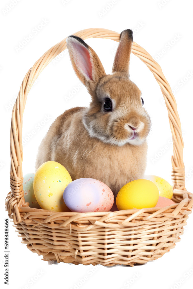 an isolated rabbit with eggs, an Easter-themed, photorealistic illustration on a transparent background cutout in PNG. generative ai an isolated rabbit with eggs, an Easter-themed, photorealistic illustration on a transparent background cutout in PNG. generative ai