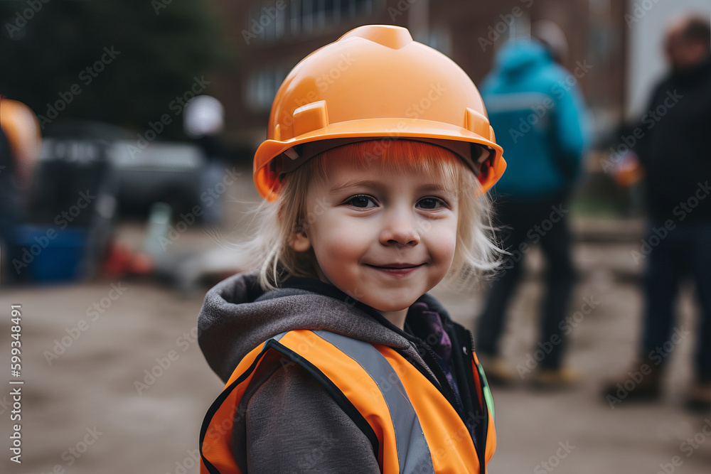Portrait of a child construction worker wearing hard hat. Generative ai. Portrait of a child construction worker wearing hard hat. Generative ai.