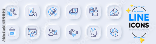 Online buying, Wallet and Cash transit line icons for web app. Pack of Stress, Finance, Money tax pictogram icons. Success business, Corrupt, Payment signs. Currency exchange, Fuel price. Vector