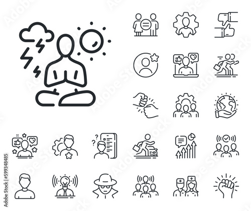 Meditation pose sign. Specialist, doctor and job competition outline icons. Yoga line icon. Relax body and mind symbol. Yoga line sign. Avatar placeholder, spy headshot icon. Strike leader. Vector