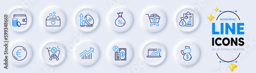 Demand curve, Payment method and Sales diagram line icons for web app. Pack of Shopping cart, Bribe, Add products pictogram icons. Euro money, Loan, Report signs. Excise duty, Donation. Vector
