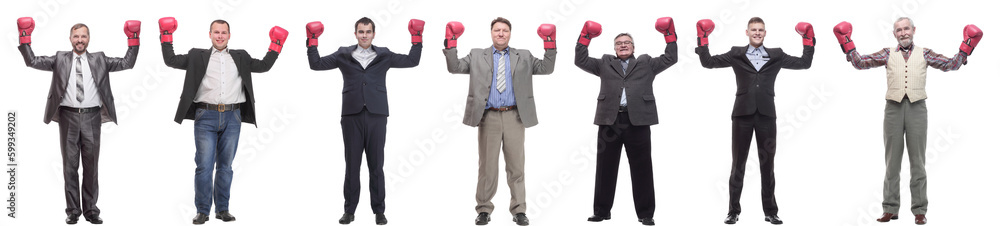 collage of businessmen in boxing gloves isolated collage of businessmen in boxing gloves isolated