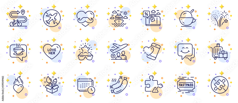 Outline set of Calendar, Coffee and Ice cream line icons for web app. Include Grilled sausage, Passenger, Travel loan pictogram icons. Father day, Smile face, Best glasses signs. Vector Outline set of Calendar, Coffee and Ice cream line icons for web app. Include Grilled sausage, Passenger, Travel loan pictogram icons. Father day, Smile face, Best glasses signs. Vector