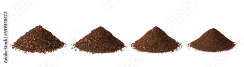 Different types of grinds coffee isolated on white background.