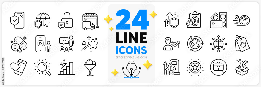 Icons set of People chatting, Speedometer and Umbrella line icons pack for app with Phone insurance, Loyalty tags, Search thin outline icon. Money, No handbag, Lock pictogram. Vector Icons set of People chatting, Speedometer and Umbrella line icons pack for app with Phone insurance, Loyalty tags, Search thin outline icon. Money, No handbag, Lock pictogram. Vector