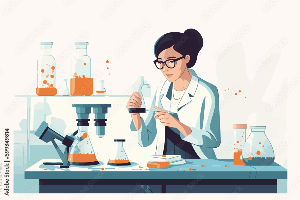 Fototapeta premium Scientist woman in lab coat and glasses making experiment in chemical laboratory. Vector illustration