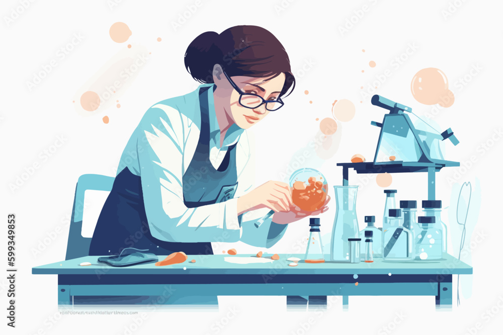 Scientist woman in lab coat and glasses making experiment in chemical laboratory. Vector illustration Scientist woman in lab coat and glasses making experiment in chemical laboratory. Vector illustration