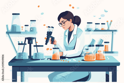 Scientist woman in lab coat and glasses making experiment in chemical laboratory. Vector illustration