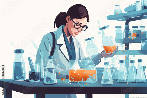 Scientist woman in lab coat and glasses making experiment in chemical laboratory. Vector illustration