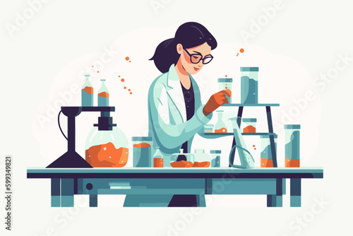 Scientist woman in lab coat and glasses making experiment in chemical laboratory. Vector illustration