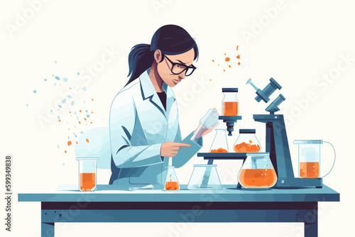 Scientist woman in lab coat and glasses making experiment in chemical laboratory. Vector illustration © xxstudio