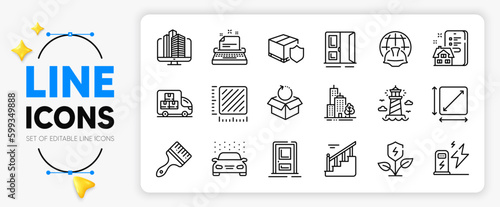 Property agency, Stairs and Delivery insurance line icons set for app include Delivery truck, Skyscraper buildings, Lighthouse outline thin icon. Global engineering, Eco power. Vector
