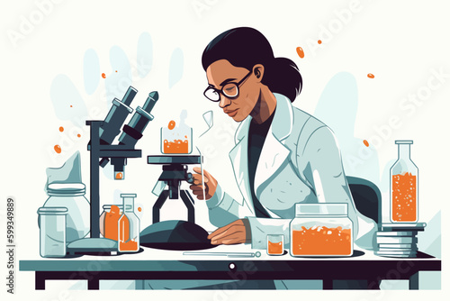 Scientist woman in lab coat and glasses making experiment in chemical laboratory. Vector illustration