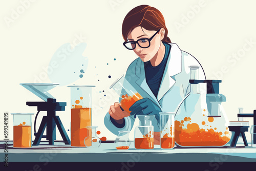 Scientist woman in lab coat and glasses making experiment in chemical laboratory. Vector illustration