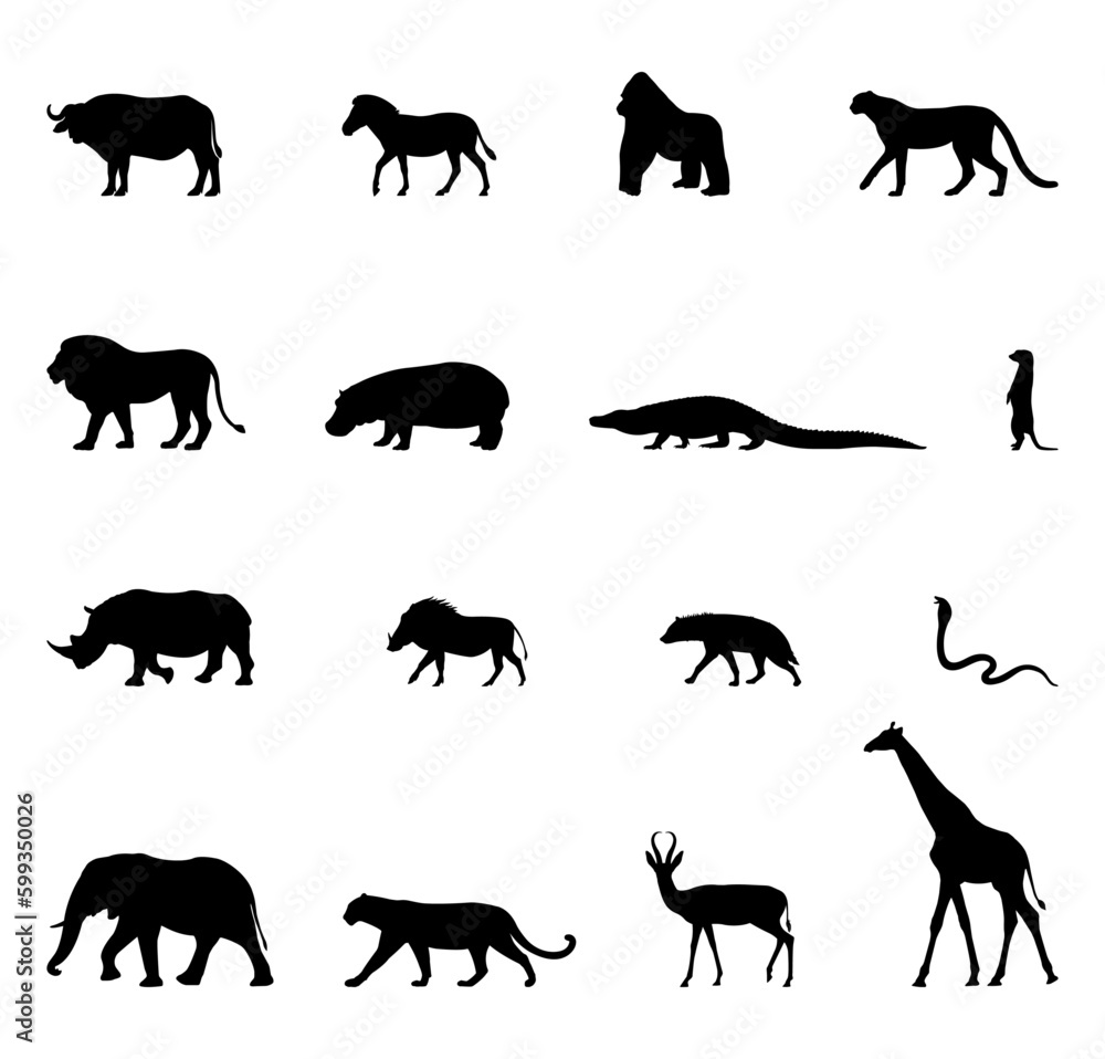 African animals silhouettes. Set of animals in flat style. Mammals and reptiles. Vector illustration