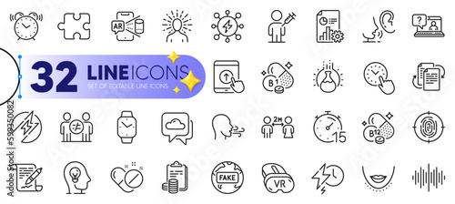 Outline set of Augmented reality, Cobalamin vitamin and Social distancing line icons for web with Weather forecast, Swipe up, Yoga thin icon. Sound wave, Agreement document. Vector