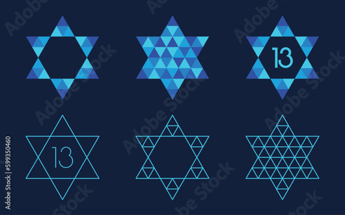 Star of David with a triangle mosaic pattern on dark background. Vector illustration. Bar Mitzvah abstract icons.