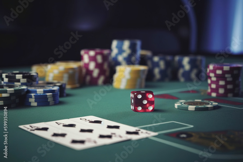 Casino concept with abstract gambling objects. Dark casino room with roulette, cards and dices. Generative AI.