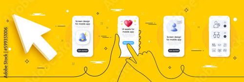 Move gesture, Lips and Meeting line icons pack. Phone screen mockup with 3d alert bell, health and headshot. Find user, Helping hand, Work home web icon. Video conference, Vacancy pictogram. Vector