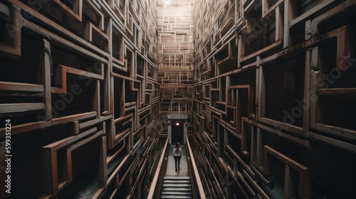 A long narrow room filled with lots of wooden boxes. AI generative image. Surreal picture, bad dream or nightmare telling about problems. Generative AI photo