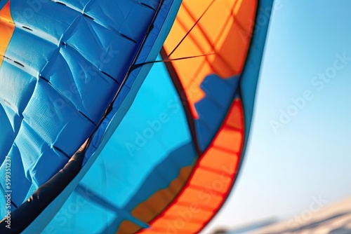 Lonely sail kite windsurfing against the blue sky, Spain. Beautiful sail for kitesurfing on the control bar. Active water sports with risks created with Generative AI technology
